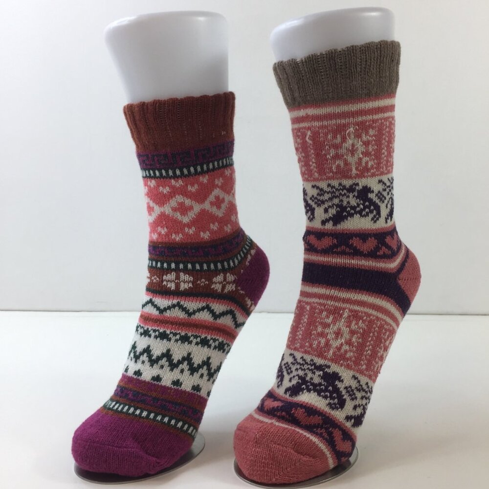 Womens Nordic Print Crew Socks 2 Pack Ribbed Cuff Hearts Snowflake Pink Purple